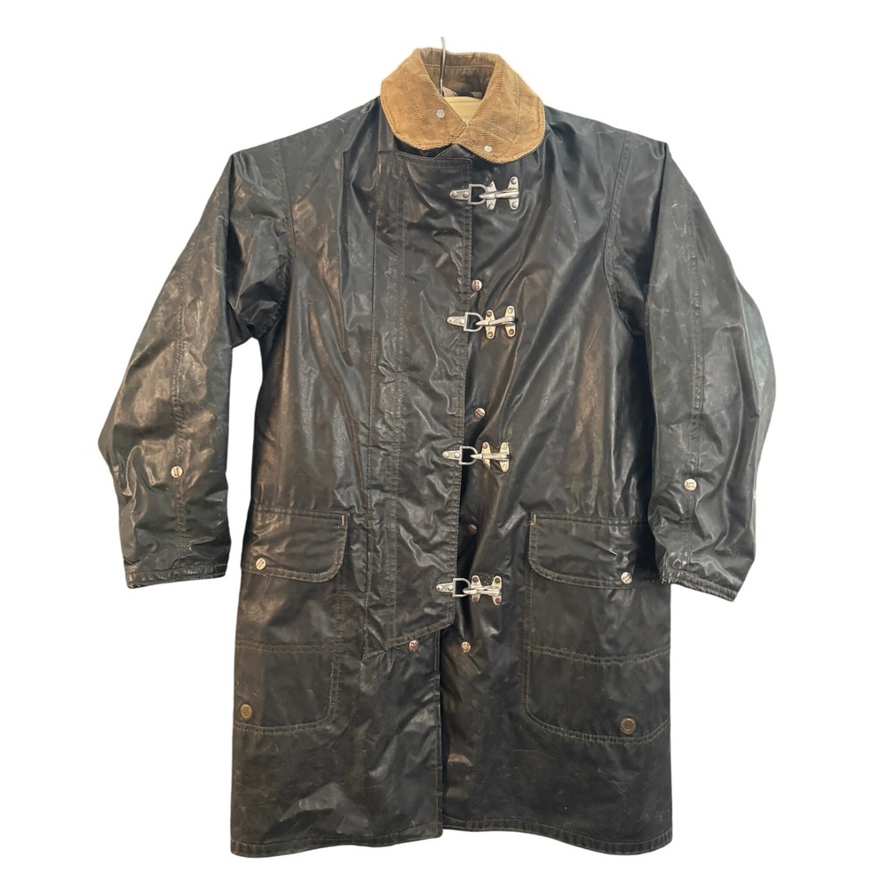 Vintage Body Guard Fireman Coat Black Rubberized Canvas Metal Clasps Fur Lined